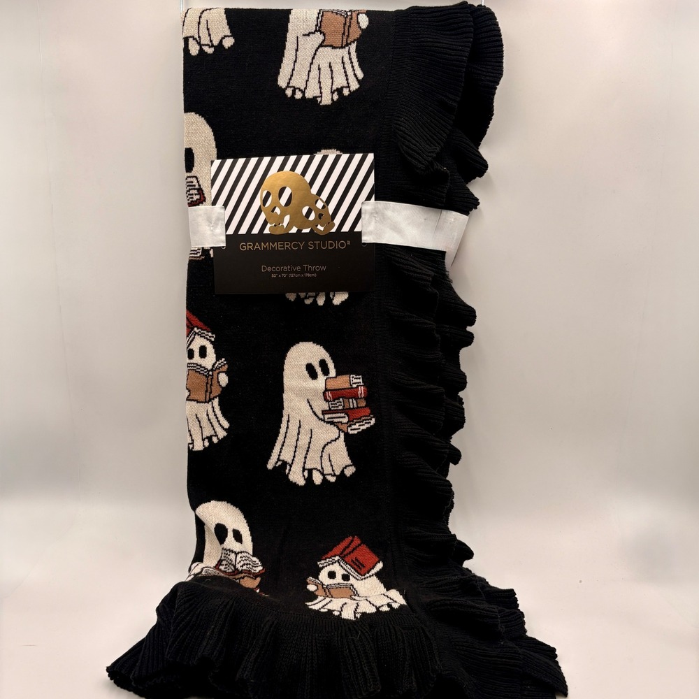 Grammercy Studio Ghost Reading Books Ruffle Blanket Black Halloween Bibliophile